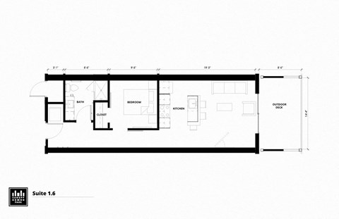 Floor plan for 1 bed, 1 bath, 688 sqft